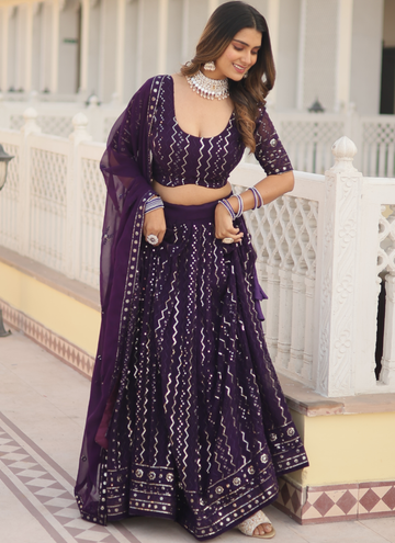 Amazing Wine Sequence Work Georgette Lehenga Choli For Wedding